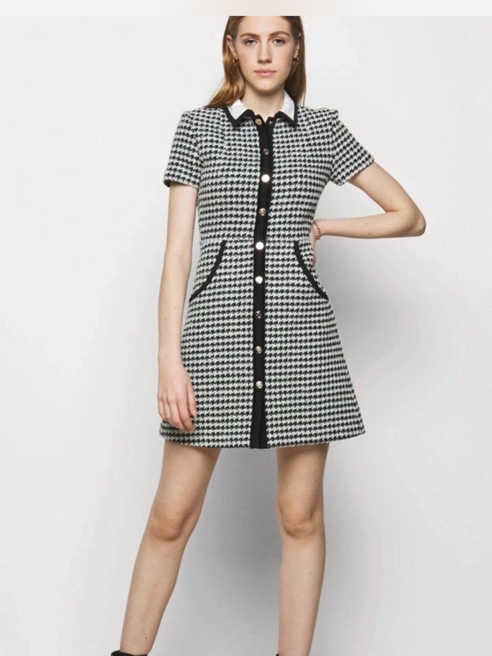 Maje Black & White Houndstooth Button-Front Dress
